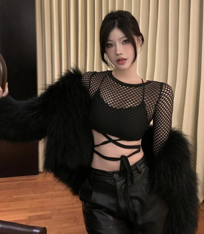 ****~Real shot of spring sexy mesh hollow straps and navel-baring short bottoming shirt for women