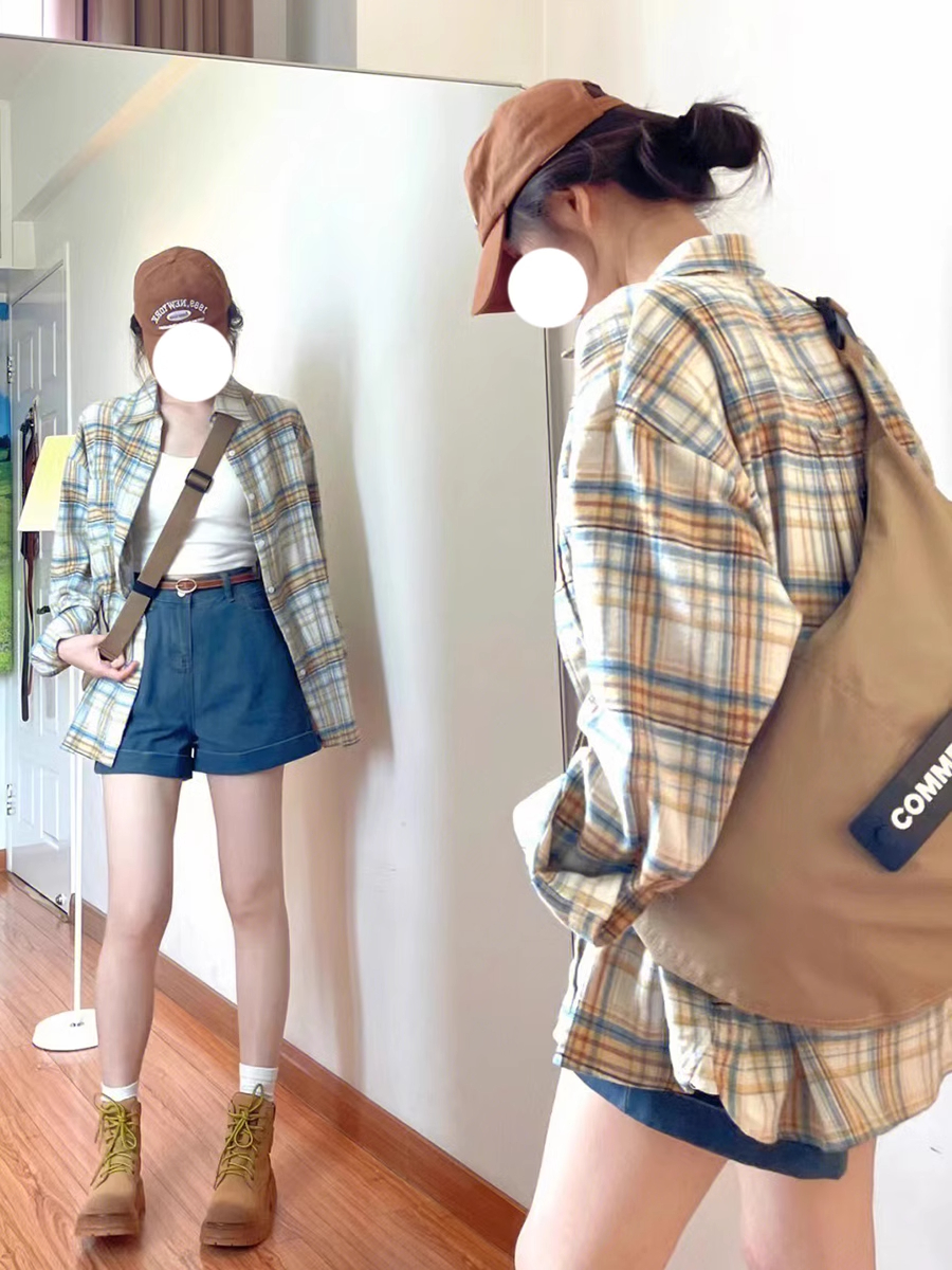 長袖格子襯衫薄款美式復古寬鬆防曬外套早秋洋氣小個子上衣