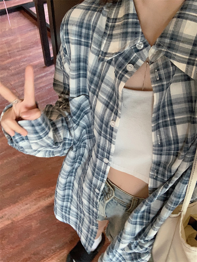 實拍 藍白格子長袖防曬襯衫女秋薄款韓版寬鬆休閒慵懶風上衣