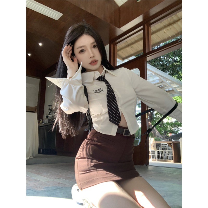 學院風領帶白色襯衫女春季新款設計感小眾刺繡修身短款長袖上衣潮
