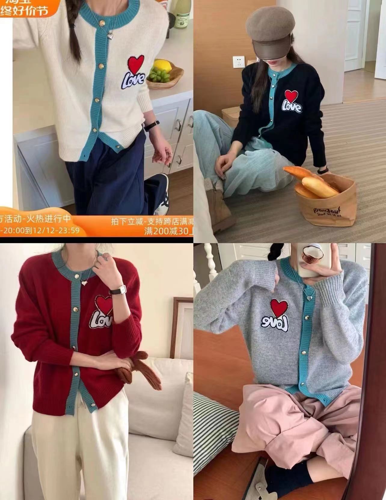歐貨年全羊毛圓領拼色小金扣愛心貼布洋氣顯瘦羊毛針織毛衣女