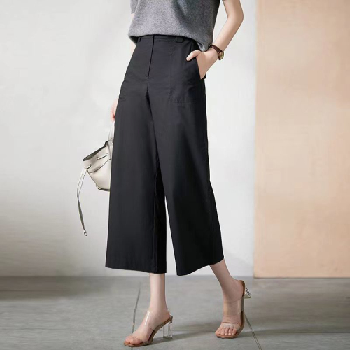 2024 spring and summer pure cotton nine-point pants high-waisted wide-leg pants new loose, breathable, comfortable, slimming casual pants for women