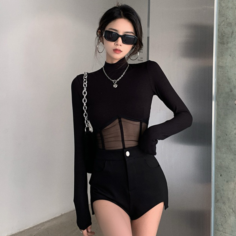Spring and Autumn tight-fitting short top with design mesh splicing long-sleeved T-shirt bottoming shirt for women to wear trendy