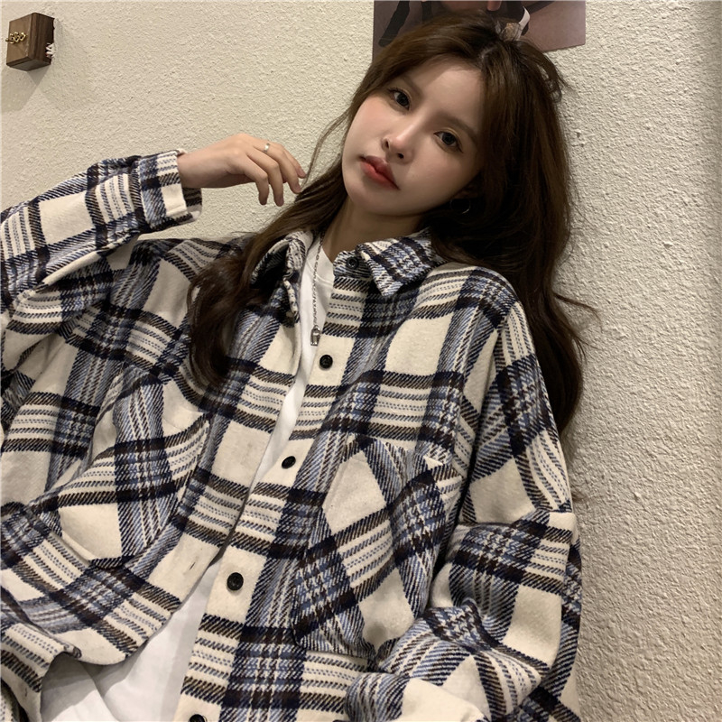 Real shot of casual plaid shirt for women 2024 new retro style design niche spring and autumn long-sleeved top