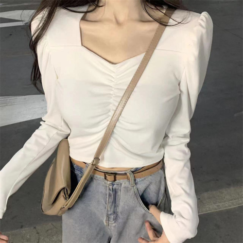 Actual shot of square-neck puff long-sleeved bottoming shirt for women in spring, slim-fitting top with versatile short style and new style