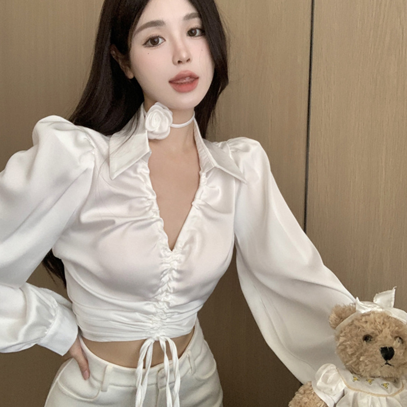 抽繩襯衫女春秋法式v領氣質長袖襯衣設計感小眾短款上衣