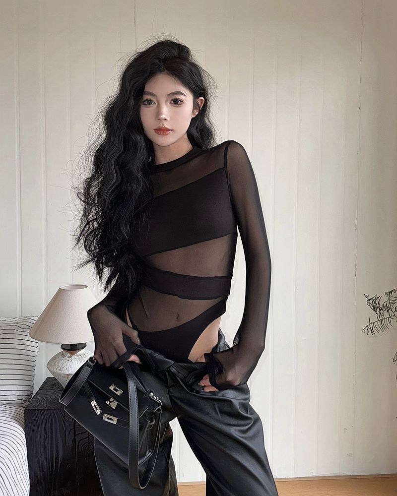 Actual shot of spring European and American hottie style sexy mesh splicing slim fit jumpsuit with scheming hollow top