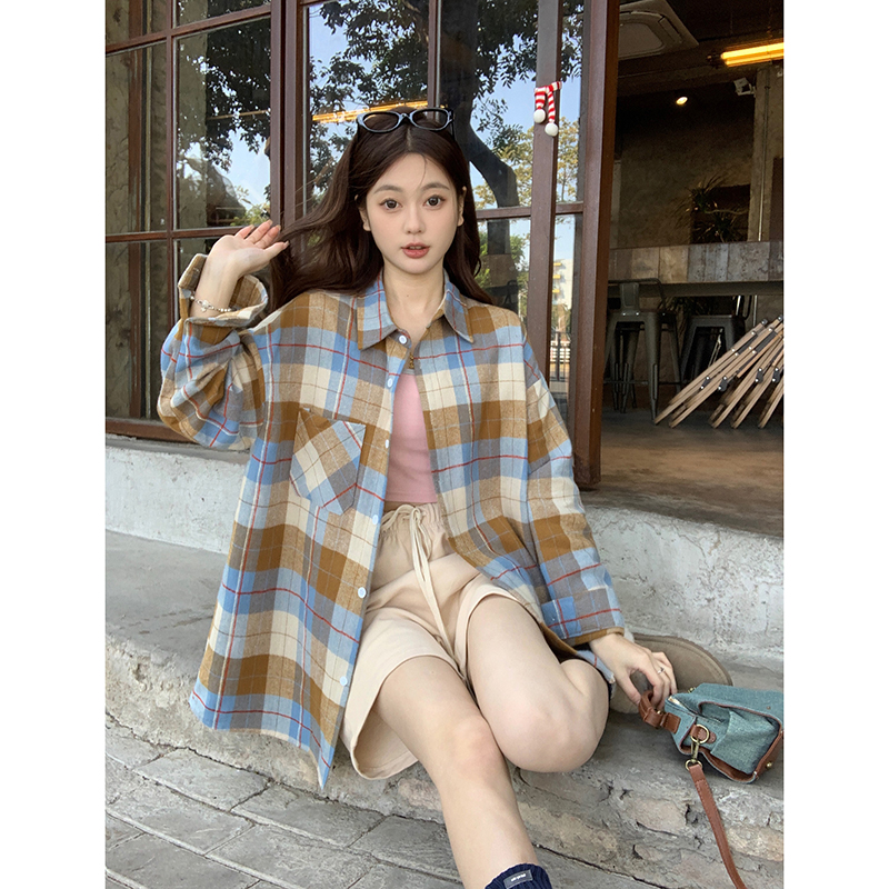 實拍  格子襯衫女春季長袖日系復古襯衣寬鬆設計感上衣