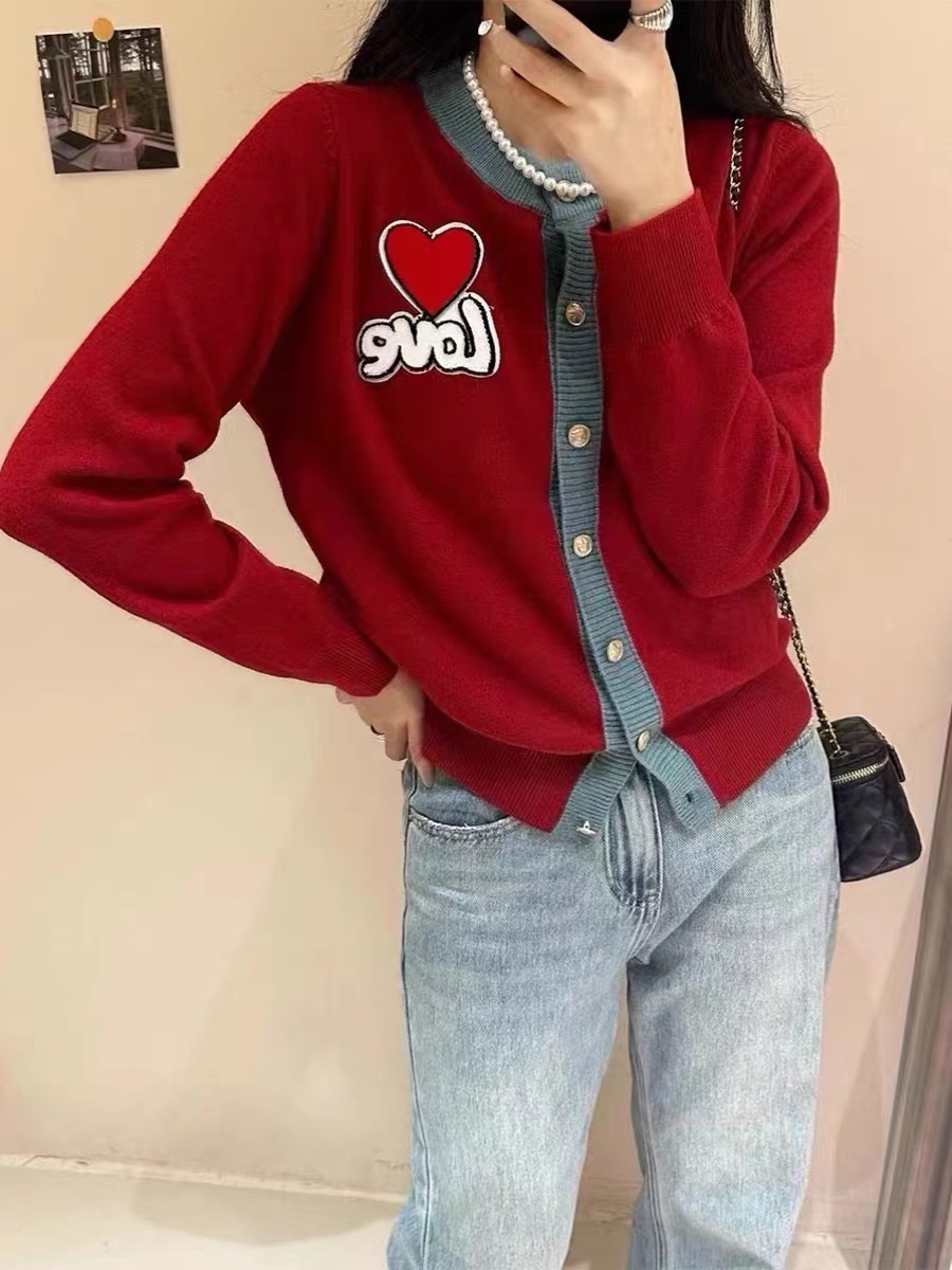 全羊毛100%翻毛貼布愛心字母拼色圓領長袖百搭減齡針織開衫女