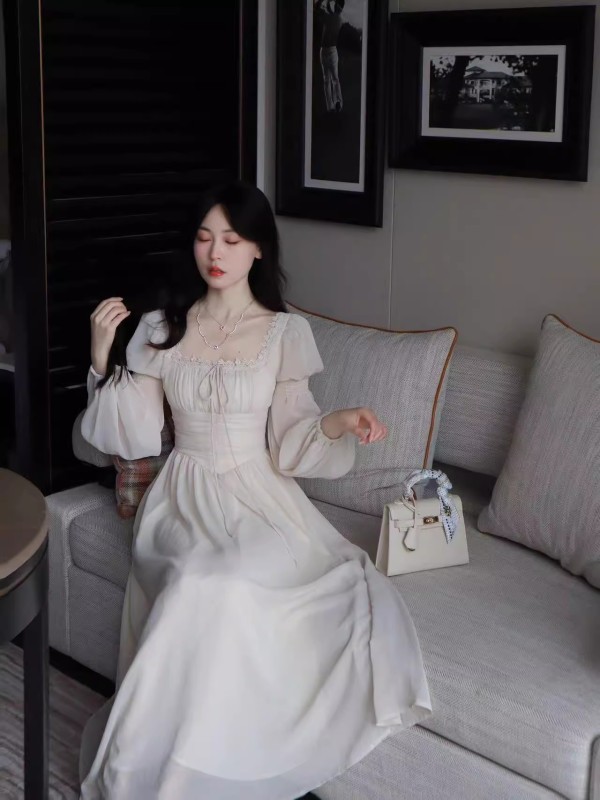 Blovelan Su Yinmo Lai French long skirt temperament square collar chiffon long-sleeved fairy dress for women early spring