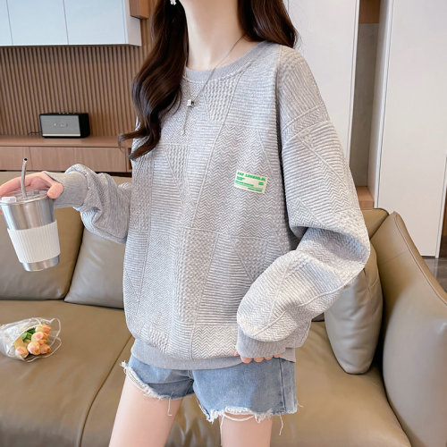 Real shot of jacquard plus size women's spring and autumn thin long-sleeved sweatshirt for women Korean style loose slimming top internet celebrity