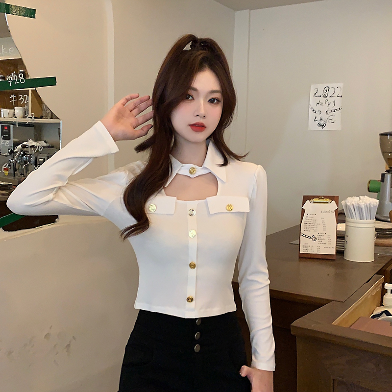 Real shot design niche careful machine metal buckle POLO collar slim long-sleeved T-shirt women's new autumn and winter top