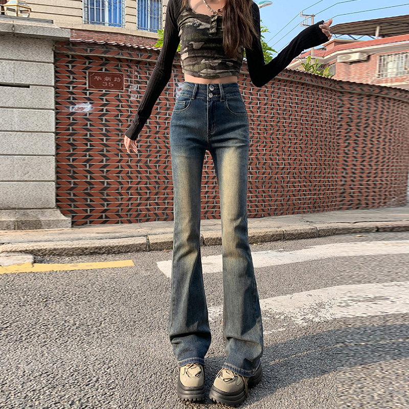 高質量水洗藍微喇牛仔褲女小個子美式復古高腰顯瘦喇叭長褲子