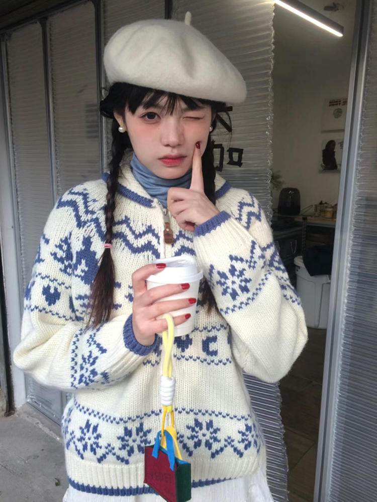 小個子提花雙頭拉鏈翻領毛衣女秋冬新款寬鬆費爾島冬日滑雪針織衫