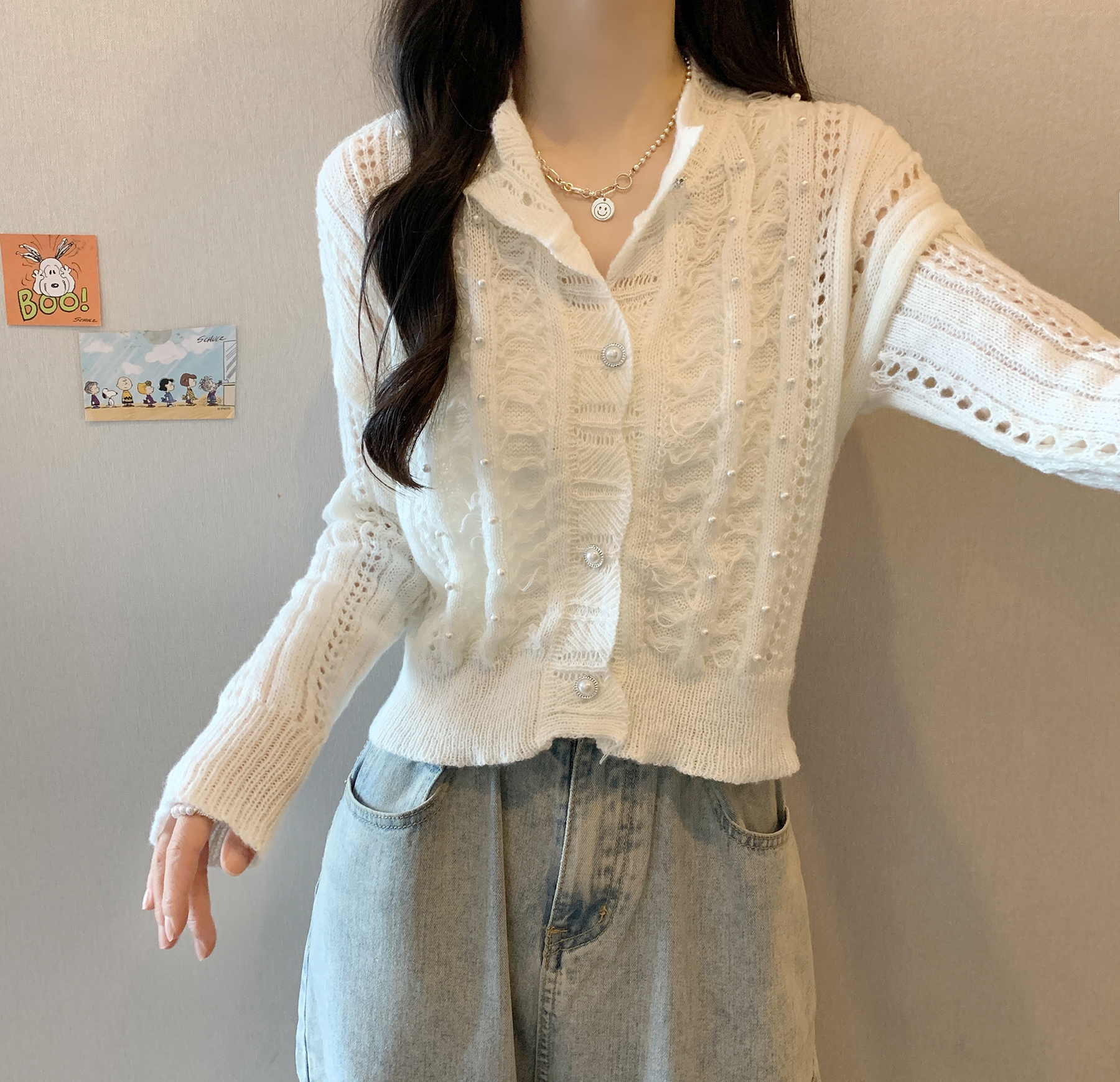 Actual shot of fairy beaded hollow knitted cardigan worn with an age-reducing short coat for women, a sweater top