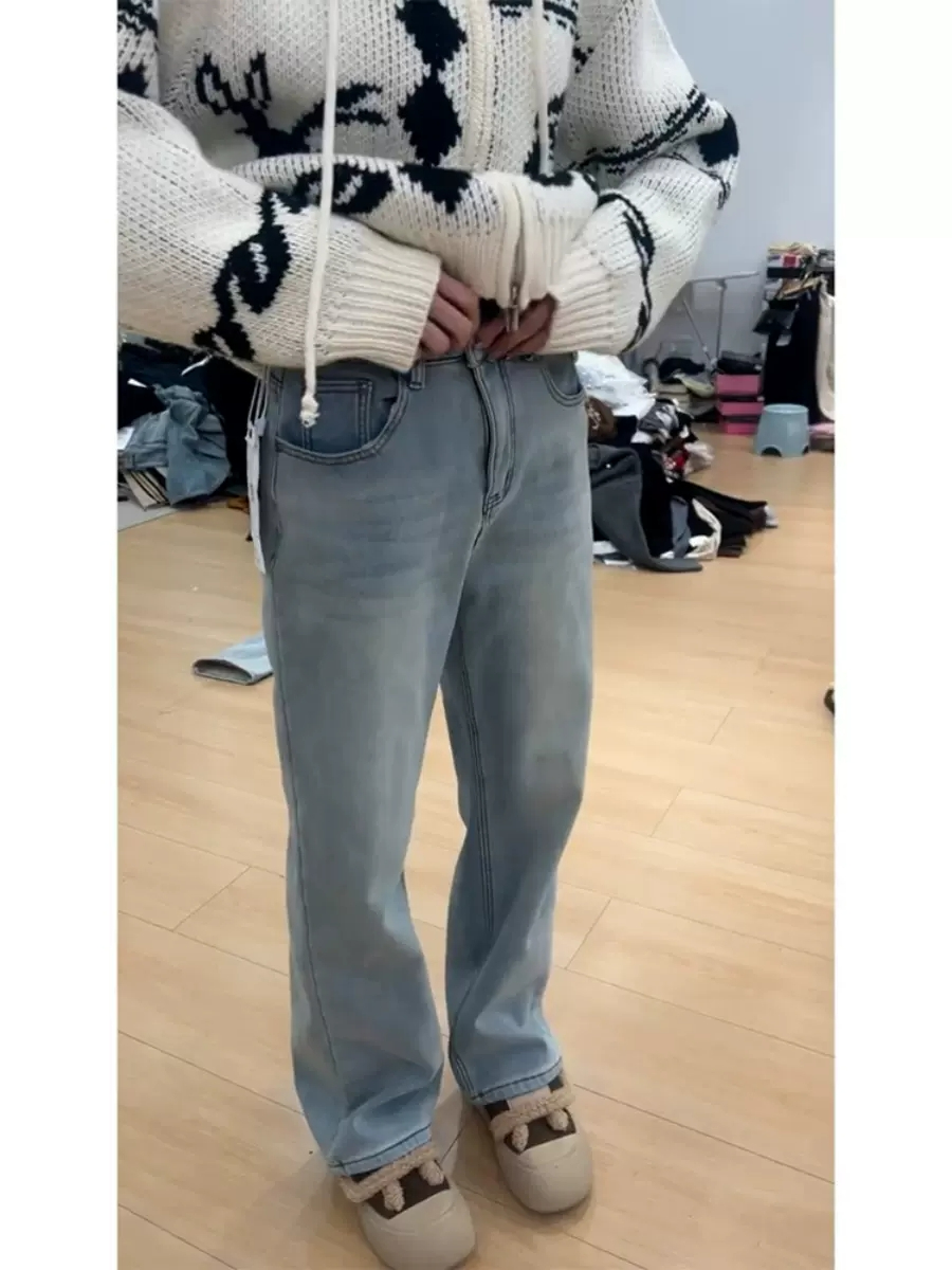 淺藍撞色牛仔褲女春秋新款口袋字母設計高腰寬鬆高腰闊腿直筒褲