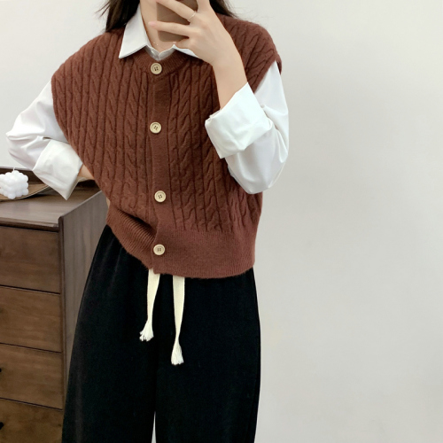 Real shot of Korean style autumn and winter layered sleeveless waistcoat knitted cardigan vest for women retro twist sweater vest top