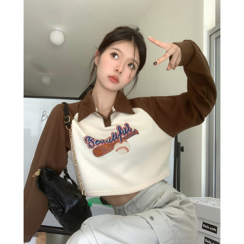 Spring new style American retro POLO collar letter print design short pullover long-sleeved sweatshirt for women