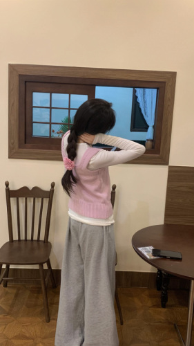 Real shot~Spring new product gentle pink waistcoat vest + solid color long-sleeved bottoming shirt T-shirt top