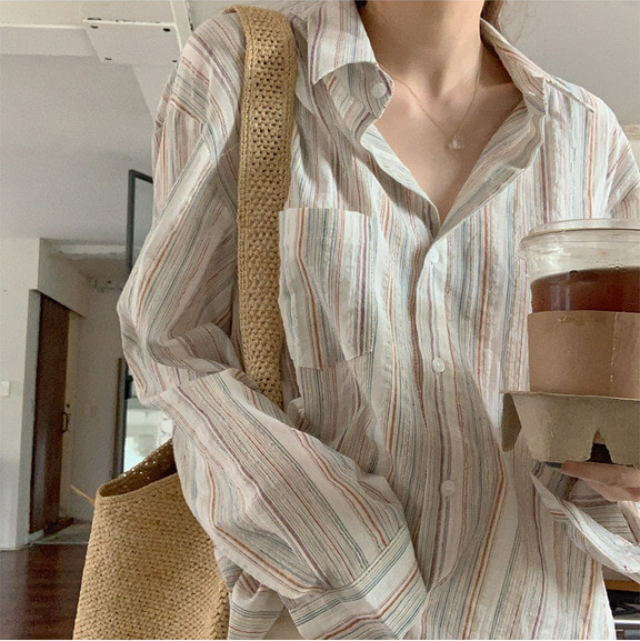 Pure cotton retro pinstripe shirt for women 2024 new niche top loose Korean style long-sleeved shirt