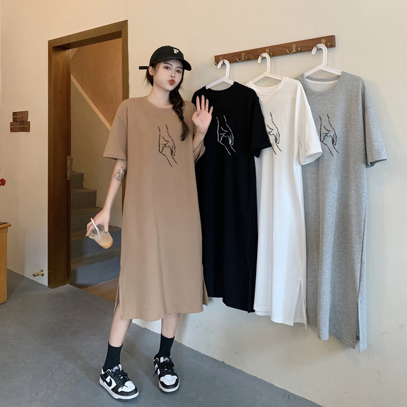 仿棉牛奶絲#大碼女裝韓國東大門夏季新款圓領寬鬆百搭短袖連衣裙