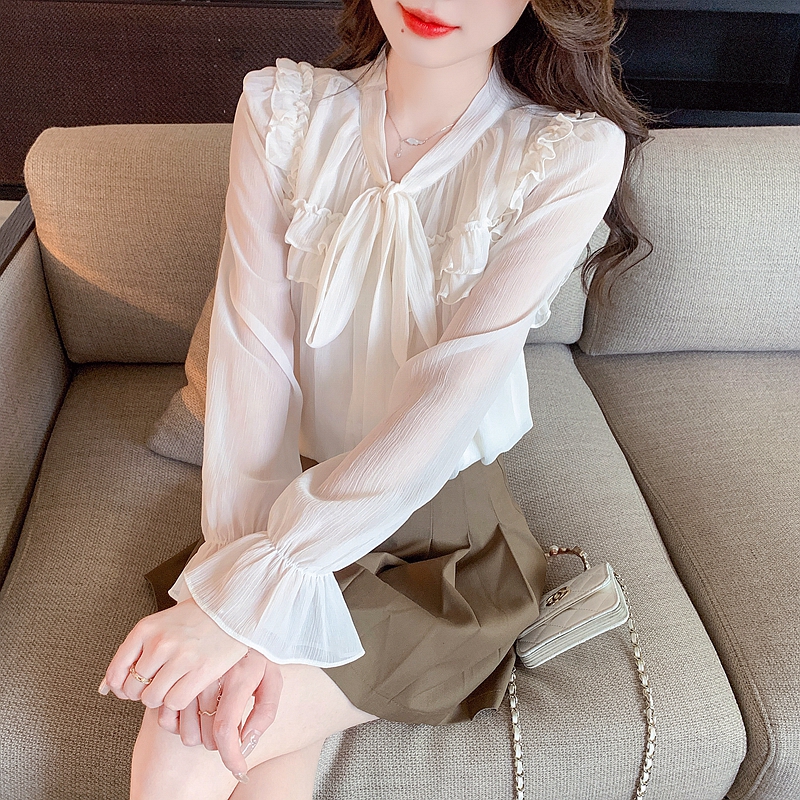 2024 Spring New Ribbon Chiffon Top Long Sleeve Bow Tie French Shirt White Shirt for Women