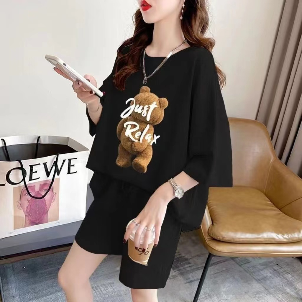 2024 new Korean style short-sleeved shorts two-piece spring and summer casual suit for women, loose, young and sweet for outer wear