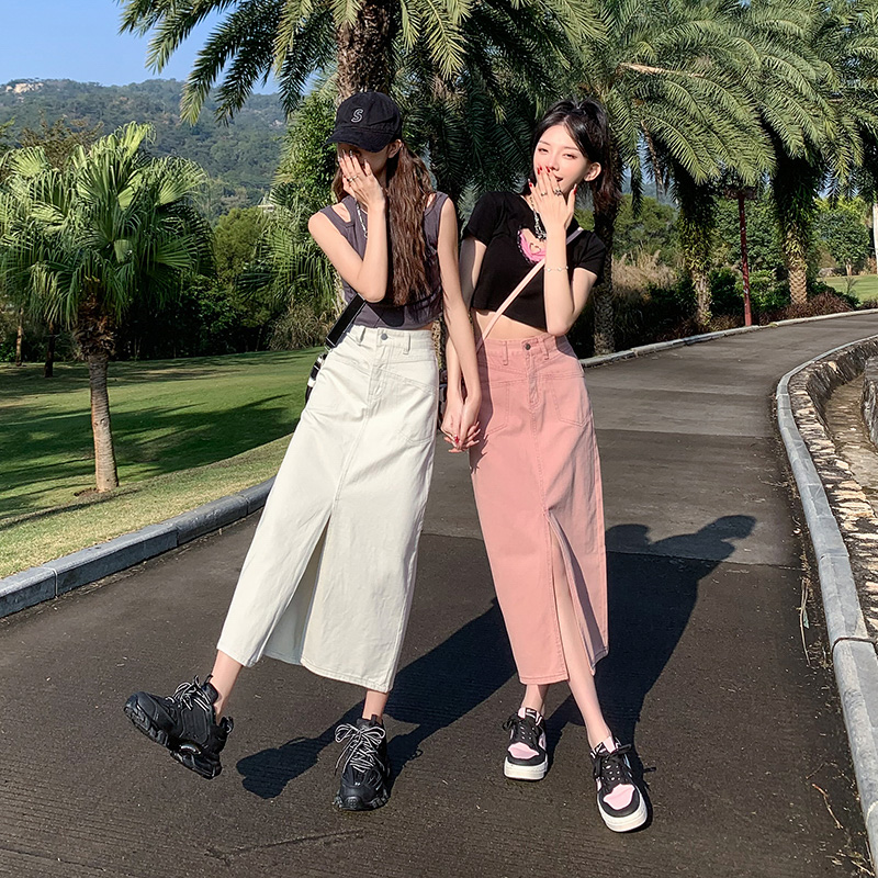 Real shot ~ Sweet and cool versatile high-waisted mid-length skirt 2024 new early spring dopamine slit A-line skirt for women