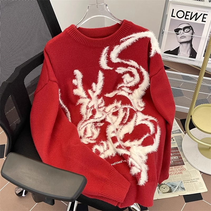 Official picture of the Year of the Dragon red sweater for women in winter, national fashion brand loose New Year festive couple sweater jacket