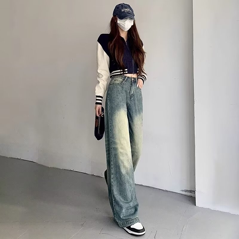 高腰牛仔褲女春季2024新款復古寬鬆直筒顯瘦垂感闊腿拖地褲子