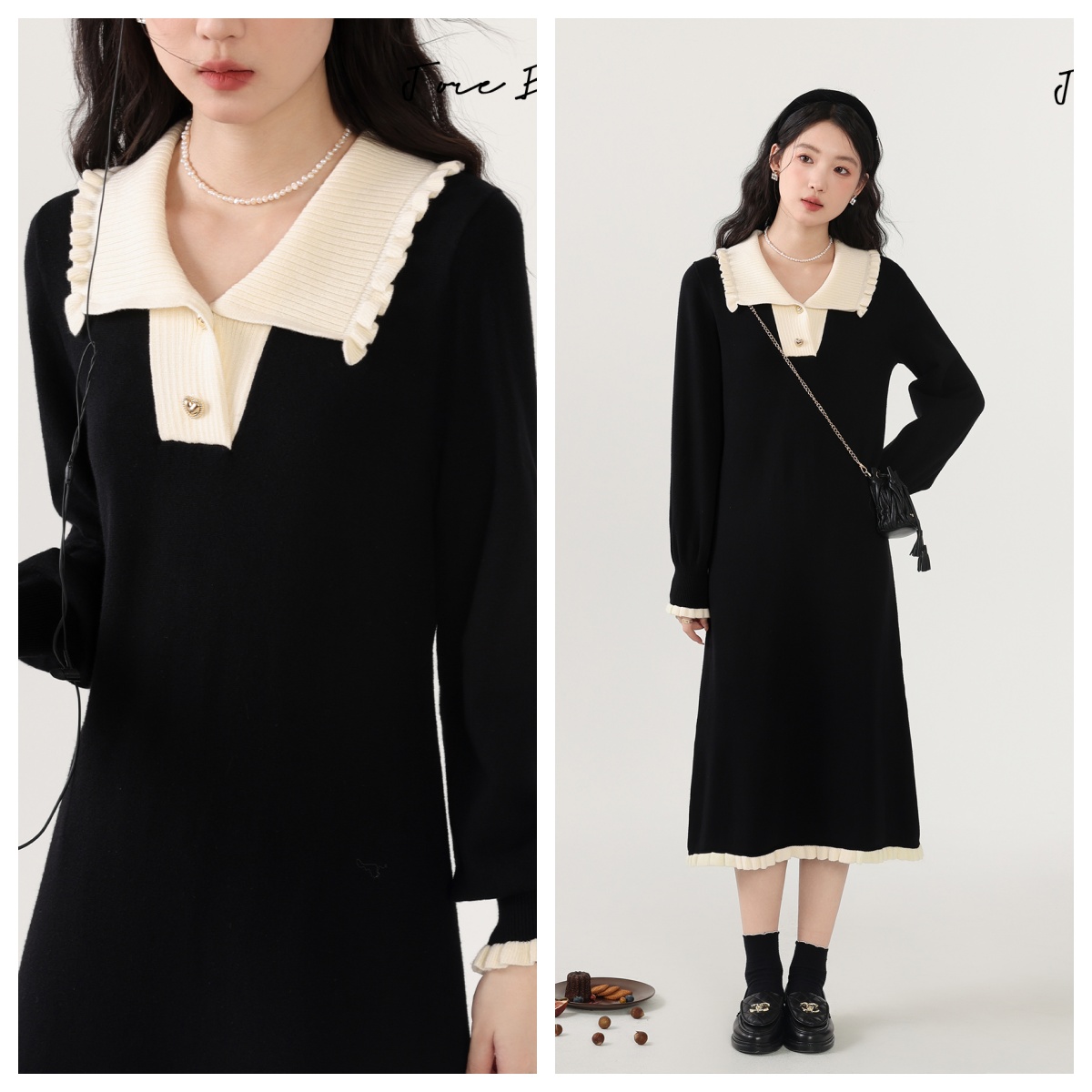 Manta Manor black niche V-neck slim dress women's autumn French small mid-length dress
