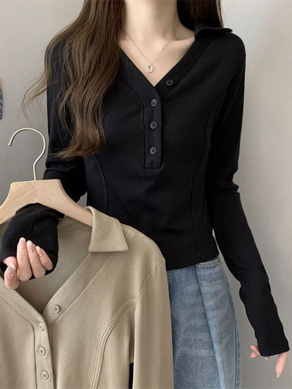 2024 spring new plus size women's clothing design Korean style POLO neck V-neck long-sleeved t-shirt women's tops trendy