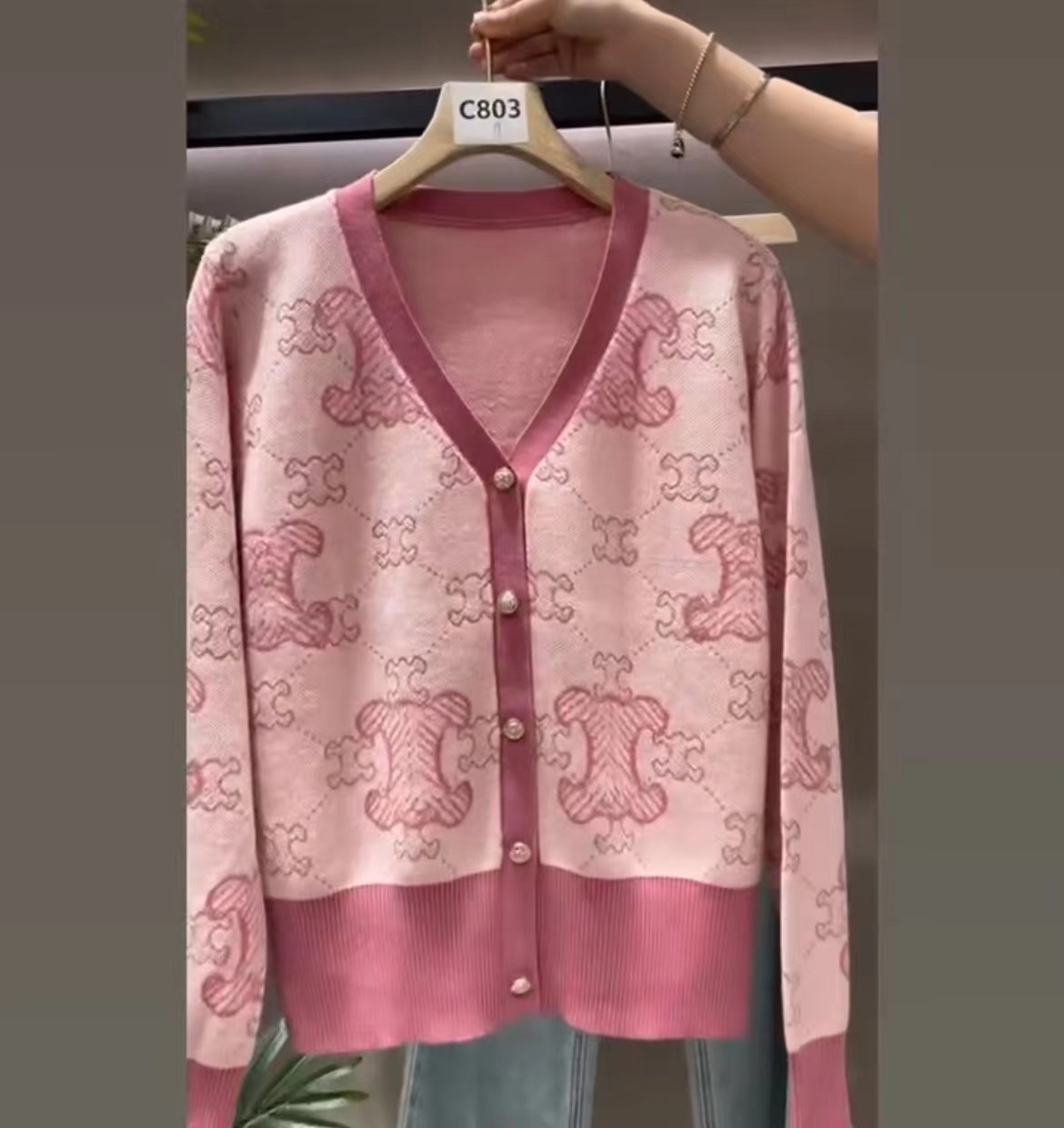 C's pink v-neck sweater for women in early autumn, short cardigan coat, small French style sweater