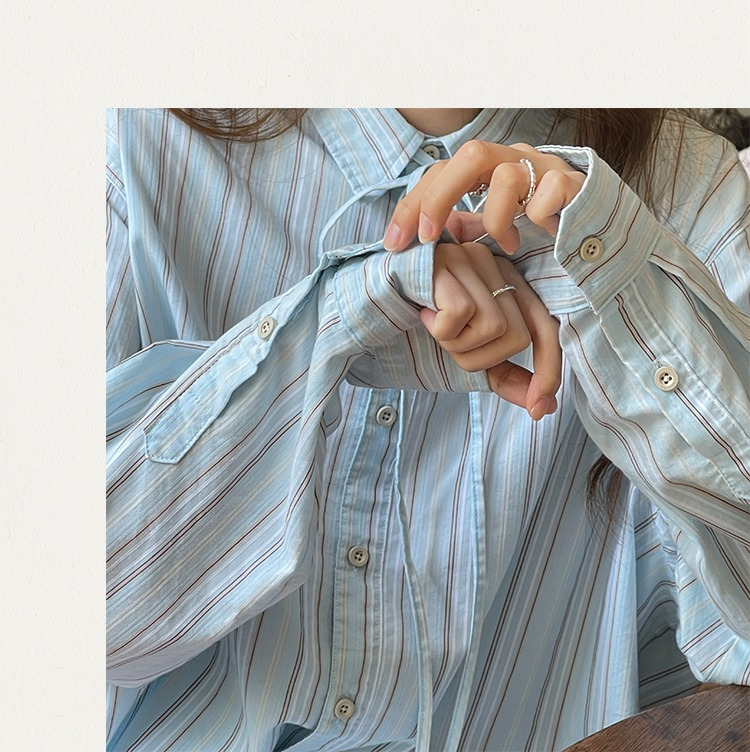 2024 sea salt blue striped shirt women's niche shirt Korean style chic autumn top