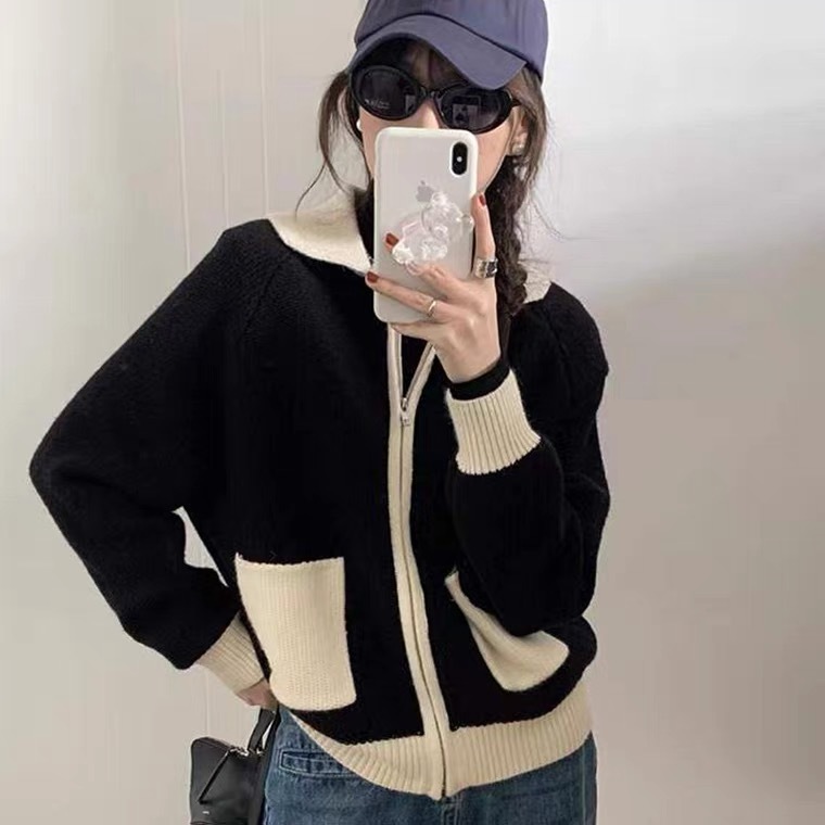 ins慵懶風長袖加厚拉鏈毛衣外套女撞色口袋慵懶風百搭針織上衣