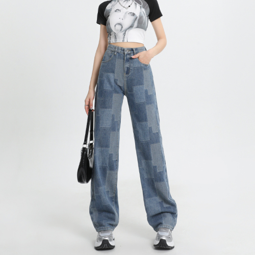 Realistic design sense, niche jacquard wide leg jeans, women's loose high waisted straight leg draping pants