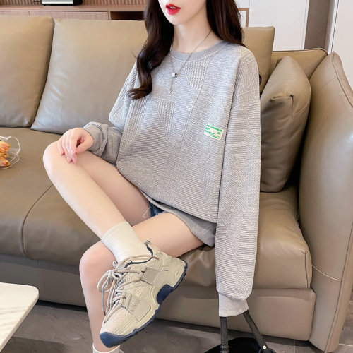 Real shot of jacquard plus size women's spring and autumn thin long-sleeved sweatshirt for women Korean style loose slimming top internet celebrity