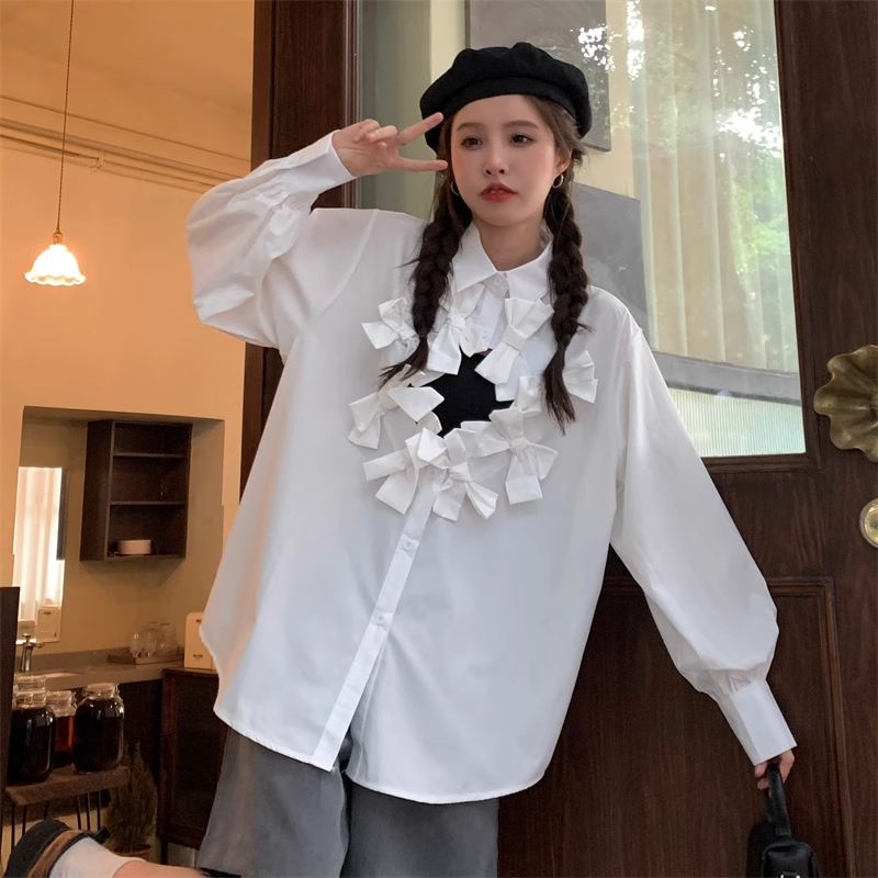 Actual shot of 2024 new bow solid color hollow niche shirt for women with unique design and loose top