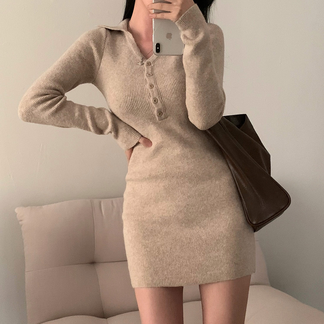 Korean chic spring new retro simple lapel slim fit knitted dress