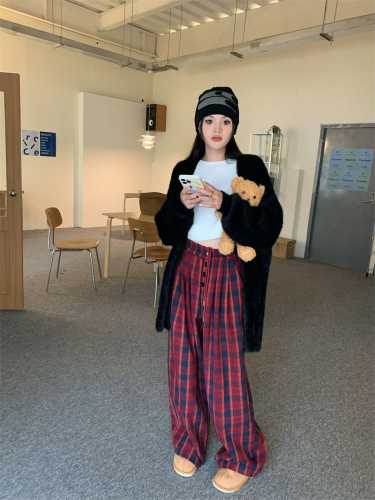 Actual shot of Korean style new couple style thickened woolen plaid wide leg pants and floor mopping pants