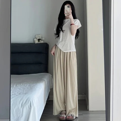 Lazy style wide-leg pants for women in summer thin high-waisted loose straight-leg floor-length Yamamoto pants casual walking pants