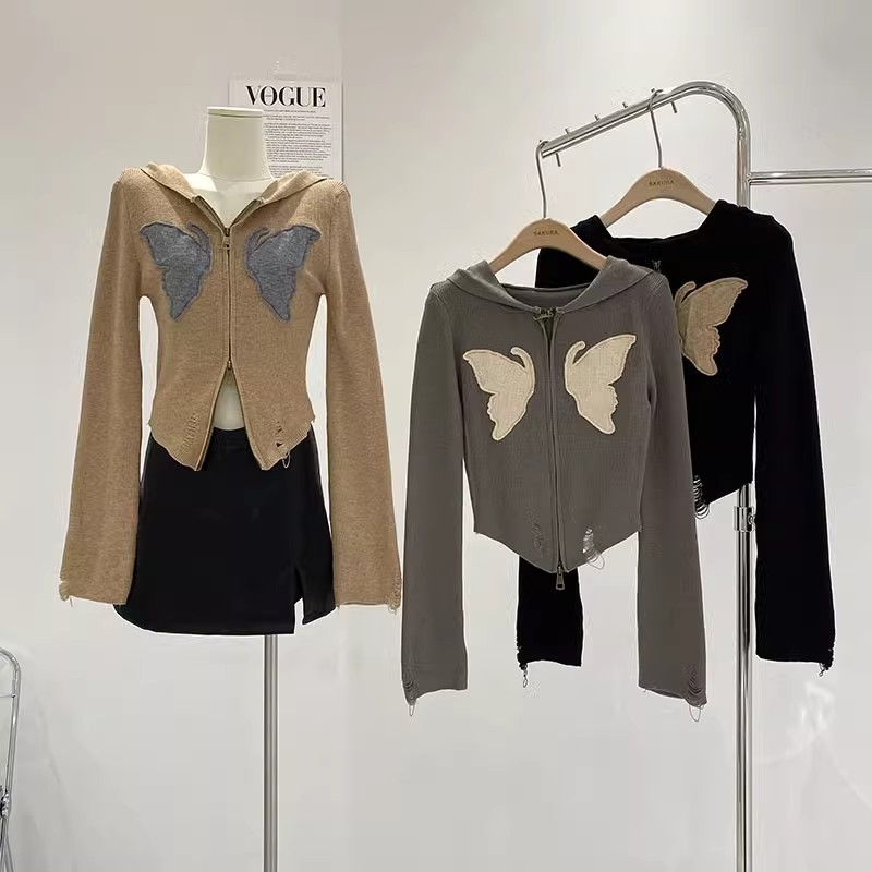 American retro hottie butterfly cardigan sweater autumn and winter design worn slim fit hooded knitted short jacket for women trendy
