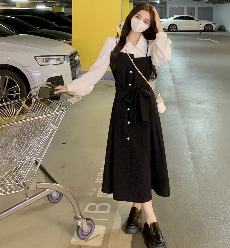 Plus size women's clothing for fat mm spring and autumn two-piece Hepburn style French preppy style long-sleeved waist design dresses