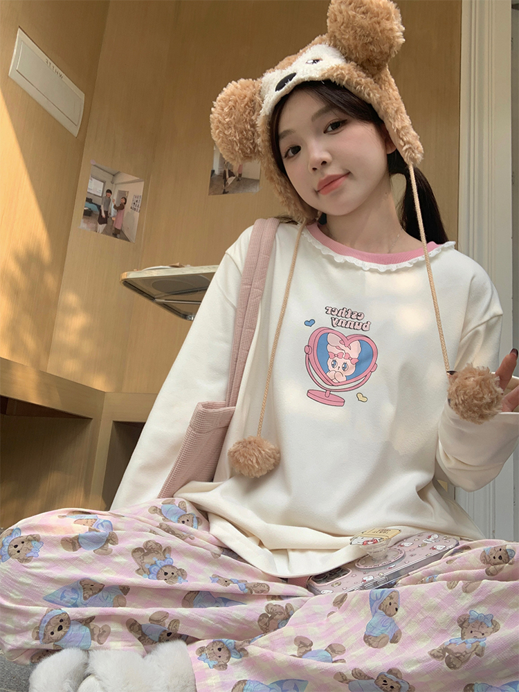 Actual shot of early spring Korean chic simple printed lace collar brushed long-sleeved T-shirt