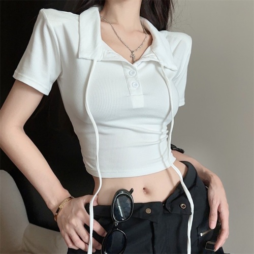 Real shot 2024 black and white polo collar pure desire T-shirt short sleeves versatile chic hot girl short sleeves