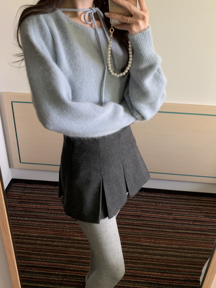 韓國chic新款法式復古毛呢百褶裙女修身顯瘦半身裙短裙