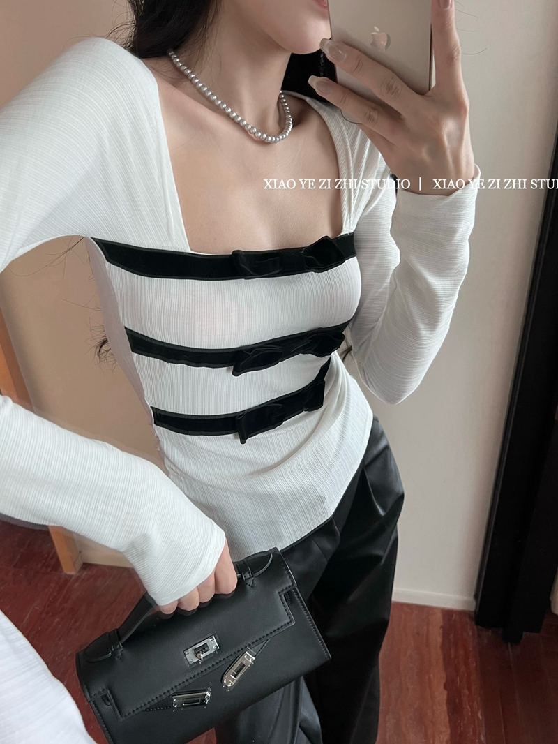 Real shot of winter sexy hot girl style heartbeat signal velvet bow slimming inner layer with velvet bottoming shirt top