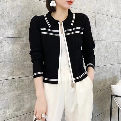 Foreign trade model early autumn new women's Korean style French style high-end small fragrance style long-sleeved zipper cardigan top