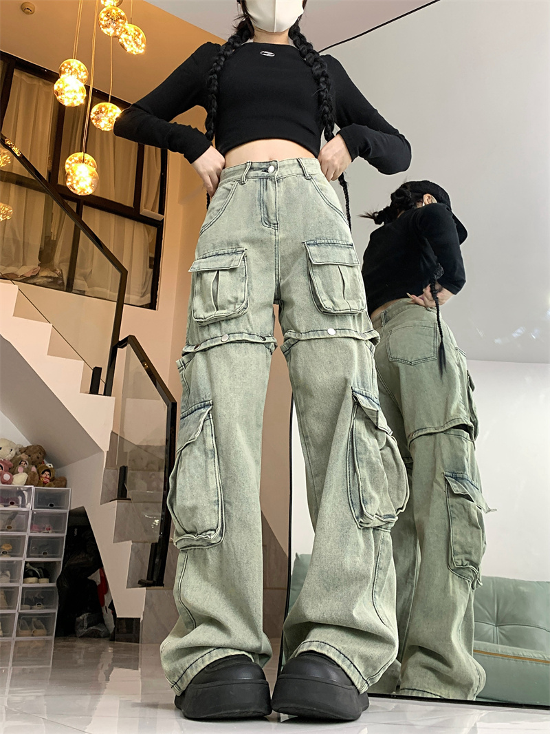 實拍！！！可拆卸設計感工裝牛仔褲女復古高街高腰直筒褲子