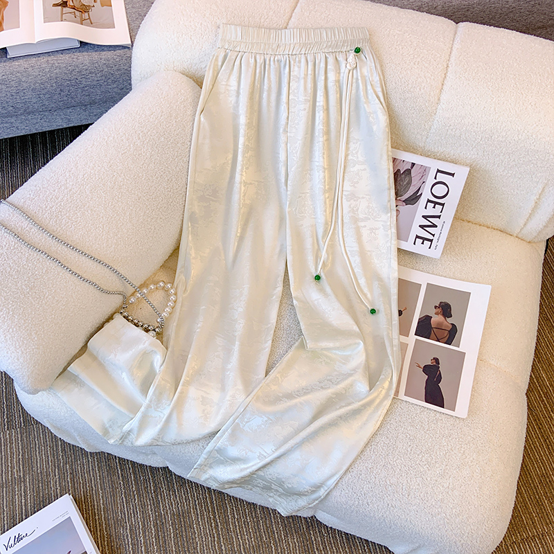 National style jacquard straight-leg pants for women 2024 spring new high-waist disc buckle tassel satin drape pants casual wide-leg pants